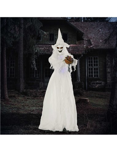 Outsunny 74 Inch Halloween Decorations White Witch Holding Pumpkin Head, Standing Skeleton Ghost Prop Life Size with Light Up Ey