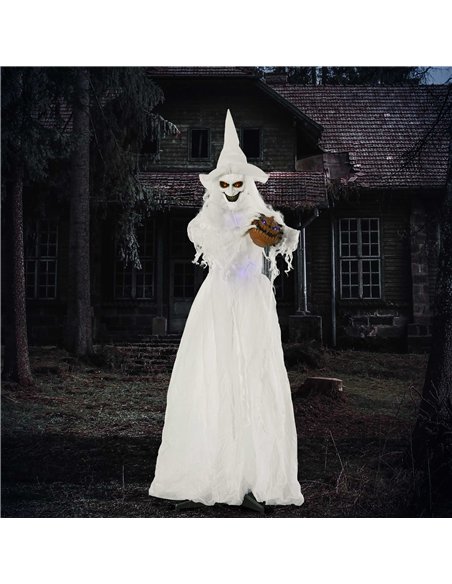 Outsunny 74 Inch Halloween Decorations White Witch Holding Pumpkin Head, Standing Skeleton Ghost Prop Life Size with Light Up Ey - pic 201915 | FastDaddyshop