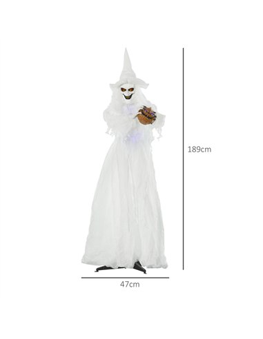 Outsunny 74 Inch Halloween Decorations White Witch Holding Pumpkin Head, Standing Skeleton Ghost Prop Life Size with Light Up Ey