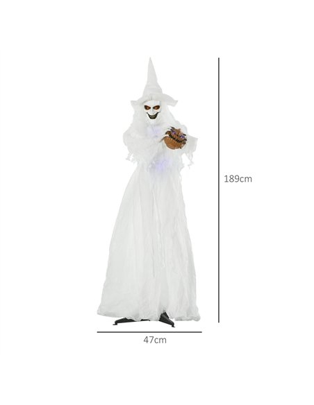 Outsunny 74 Inch Halloween Decorations White Witch Holding Pumpkin Head, Standing Skeleton Ghost Prop Life Size with Light Up Ey - pic 201916 | FastDaddyshop