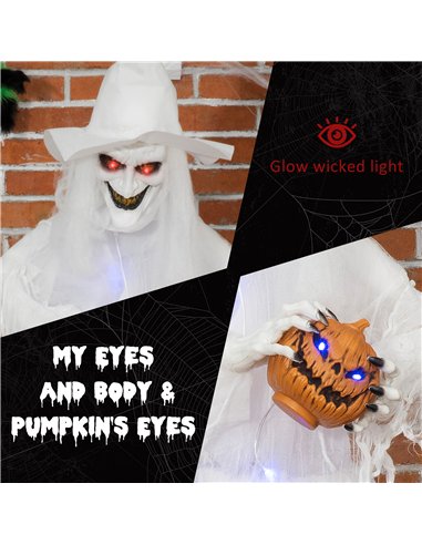 Outsunny 74 Inch Halloween Decorations White Witch Holding Pumpkin Head, Standing Skeleton Ghost Prop Life Size with Light Up Ey
