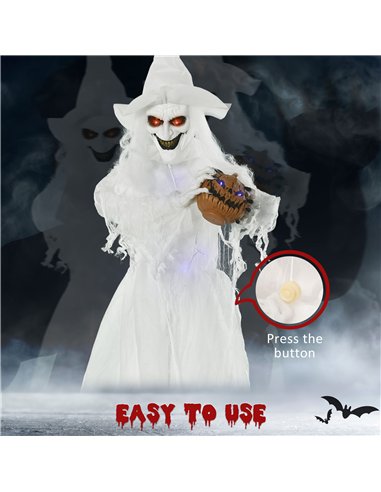 Outsunny 74 Inch Halloween Decorations White Witch Holding Pumpkin Head, Standing Skeleton Ghost Prop Life Size with Light Up Ey