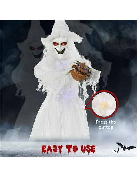 Outsunny 74 Inch Halloween Decorations White Witch Holding Pumpkin Head, Standing Skeleton Ghost Prop Life Size with Light Up Ey - pic 201918 | FastDaddyshop