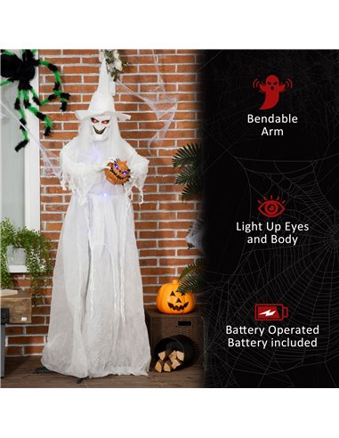 Outsunny 74 Inch Halloween Decorations White Witch Holding Pumpkin Head, Standing Skeleton Ghost Prop Life Size with Light Up Ey