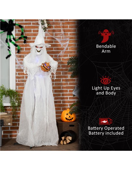 Outsunny 74 Inch Halloween Decorations White Witch Holding Pumpkin Head, Standing Skeleton Ghost Prop Life Size with Light Up Ey - pic 201919 | FastDaddyshop