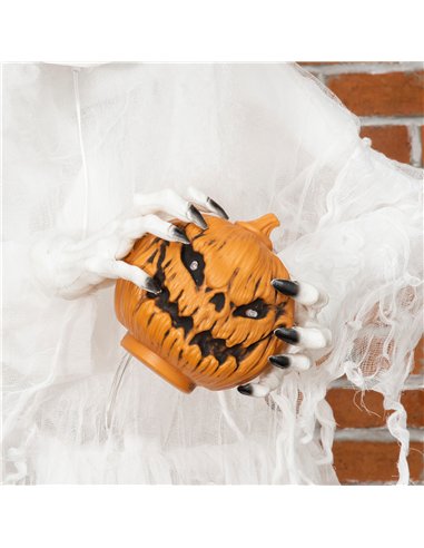 Outsunny 74 Inch Halloween Decorations White Witch Holding Pumpkin Head, Standing Skeleton Ghost Prop Life Size with Light Up Ey