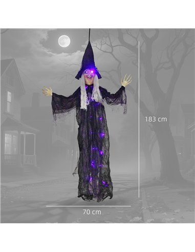 Outsunny 183 cm Life Size Halloween Animated Hanging Witch with Glowing LED Eyes & Body, Spooky Witch Scary Halloween Decoration