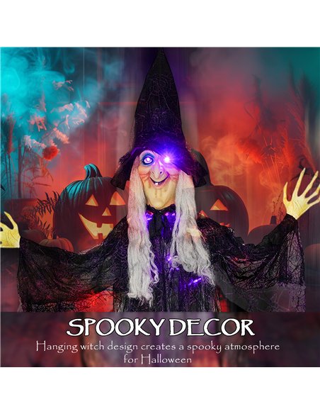 Outsunny 183 cm Life Size Halloween Animated Hanging Witch with Glowing LED Eyes & Body, Spooky Witch Scary Halloween Decoration - pic 201926 | FastDaddyshop