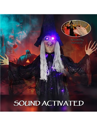Outsunny 183 cm Life Size Halloween Animated Hanging Witch with Glowing LED Eyes & Body, Spooky Witch Scary Halloween Decoration