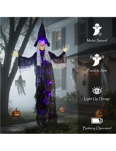 Outsunny 183 cm Life Size Halloween Animated Hanging Witch with Glowing LED Eyes & Body, Spooky Witch Scary Halloween Decoration