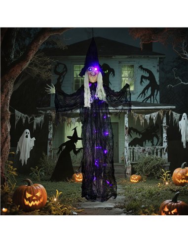 Outsunny 183 cm Life Size Halloween Animated Hanging Witch with Glowing LED Eyes & Body, Spooky Witch Scary Halloween Decoration