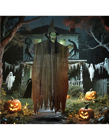 Outsunny 170 cm Life Size Hanging Halloween Animated Witch with Glowing LED Eyes, Spooky Witch Scary Halloween Decorations, Batt