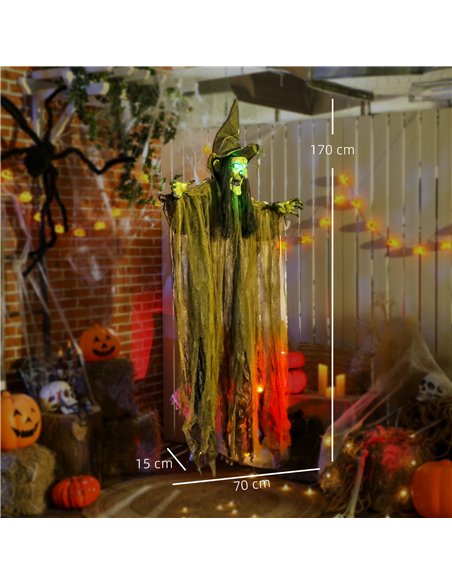 Outsunny 170 cm Life Size Hanging Halloween Animated Witch with Glowing LED Eyes, Spooky Witch Scary Halloween Decorations, Batt - pic 201943 | FastDaddyshop