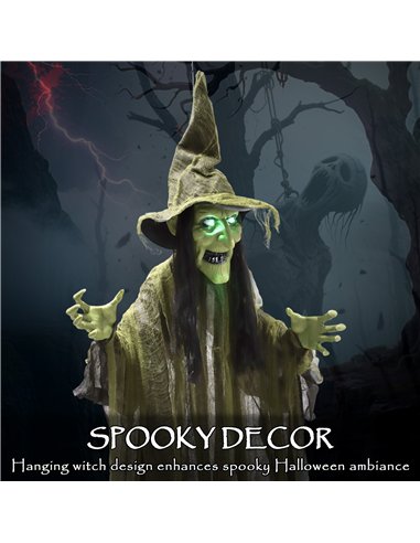Outsunny 170 cm Life Size Hanging Halloween Animated Witch with Glowing LED Eyes, Spooky Witch Scary Halloween Decorations, Batt