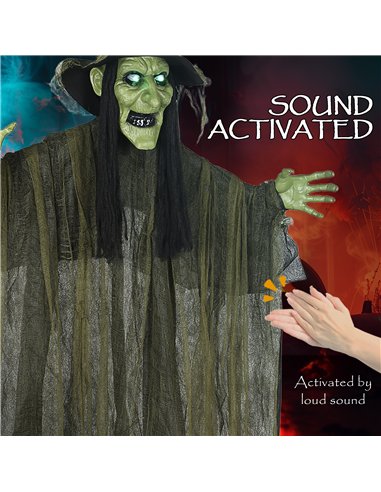 Outsunny 170 cm Life Size Hanging Halloween Animated Witch with Glowing LED Eyes, Spooky Witch Scary Halloween Decorations, Batt