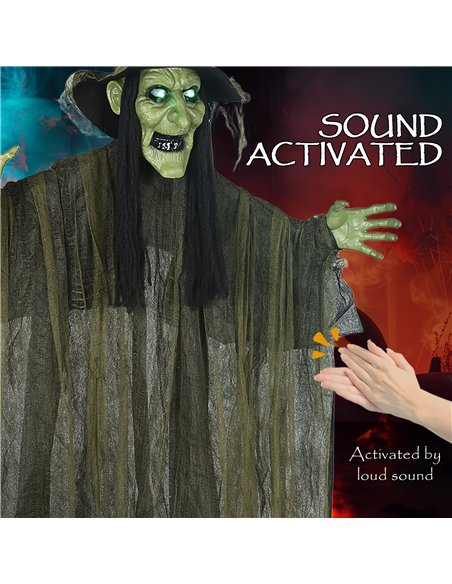 Outsunny 170 cm Life Size Hanging Halloween Animated Witch with Glowing LED Eyes, Spooky Witch Scary Halloween Decorations, Batt - pic 201945 | FastDaddyshop