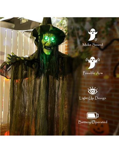 Outsunny 170 cm Life Size Hanging Halloween Animated Witch with Glowing LED Eyes, Spooky Witch Scary Halloween Decorations, Batt