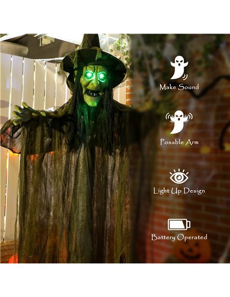 Outsunny 170 cm Life Size Hanging Halloween Animated Witch with Glowing LED Eyes, Spooky Witch Scary Halloween Decorations, Batt - pic 201946 | FastDaddyshop