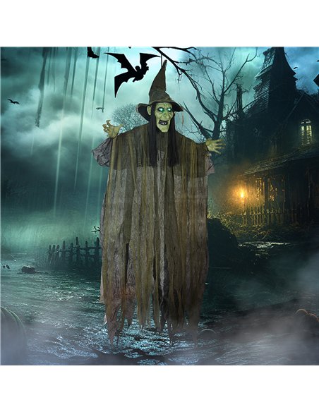 Outsunny 170 cm Life Size Hanging Halloween Animated Witch with Glowing LED Eyes, Spooky Witch Scary Halloween Decorations, Batt - pic 201947 | FastDaddyshop