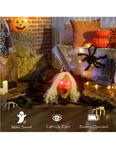 Outsunny 183 cm Life Size Halloween Animated Crawling Zombie with Glowing LED Eyes, Scary Halloween Decorations, Battery Operate