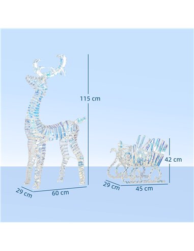 Outsunny Lighted Christmas Reindeer with Sleigh, Outdoor Yard Reindeer with 170 Warm White LED Lights, Holiday Decor with Stakes
