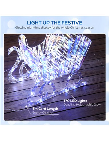Outsunny Lighted Christmas Reindeer with Sleigh, Outdoor Yard Reindeer with 170 Warm White LED Lights, Holiday Decor with Stakes