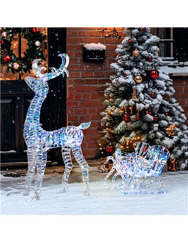 Outsunny Lighted Christmas Reindeer with Sleigh, Outdoor Yard Reindeer with 170 Warm White LED Lights, Holiday Decor with Stakes