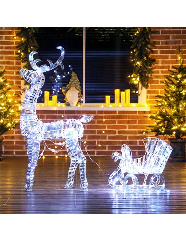 Outsunny Lighted Christmas Reindeer with Sleigh, Outdoor Yard Reindeer with 170 Warm White LED Lights, Holiday Decor with Stakes