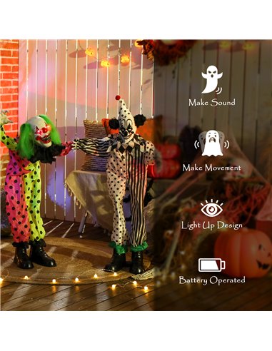 Outsunny Life Size Stackable Halloween Animated Clown with Red Light Up Eyes, Sound Activated Scary Halloween Decorations, Batte