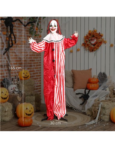 Outsunny 165 cm Life Size Halloween Animated Clown with Red Light Up Eyes, Sound Activated Moving Body, Scary Clown Halloween De