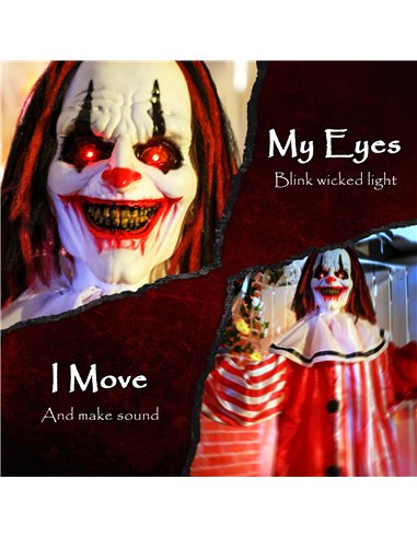 Outsunny 165 cm Life Size Halloween Animated Clown with Red Light Up Eyes, Sound Activated Moving Body, Scary Clown Halloween De