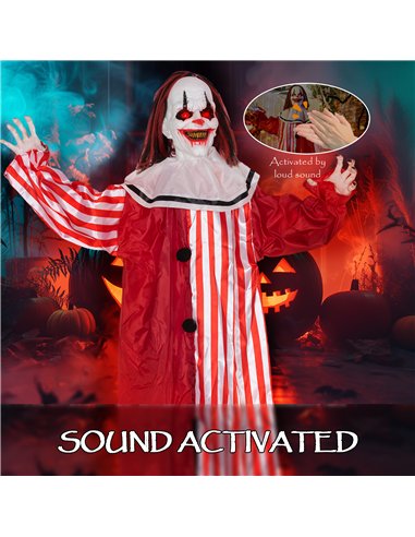 Outsunny 165 cm Life Size Halloween Animated Clown with Red Light Up Eyes, Sound Activated Moving Body, Scary Clown Halloween De