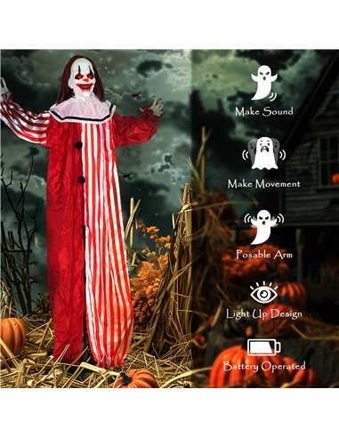 Outsunny 165 cm Life Size Halloween Animated Clown with Red Light Up Eyes, Sound Activated Moving Body, Scary Clown Halloween De