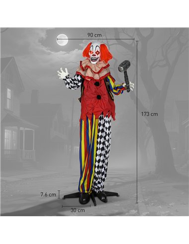 Outsunny 173 cm Life Size Halloween Animated Standing Clown & Hammer with Red Light Up Eyes, Sound Activated Moving Arms & Head,