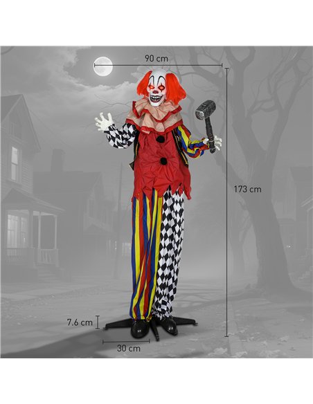 Outsunny 173 cm Life Size Halloween Animated Standing Clown & Hammer with Red Light Up Eyes, Sound Activated Moving Arms & Head, - pic 202051 | FastDaddyshop