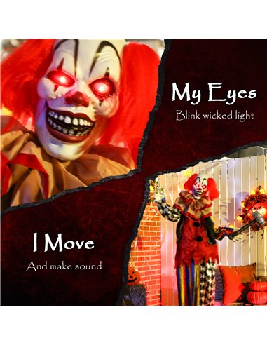 Outsunny 173 cm Life Size Halloween Animated Standing Clown & Hammer with Red Light Up Eyes, Sound Activated Moving Arms & Head,