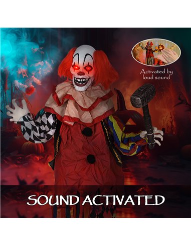Outsunny 173 cm Life Size Halloween Animated Standing Clown & Hammer with Red Light Up Eyes, Sound Activated Moving Arms & Head,
