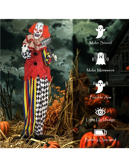 Outsunny 173 cm Life Size Halloween Animated Standing Clown & Hammer with Red Light Up Eyes, Sound Activated Moving Arms & Head, - pic 202054 | FastDaddyshop