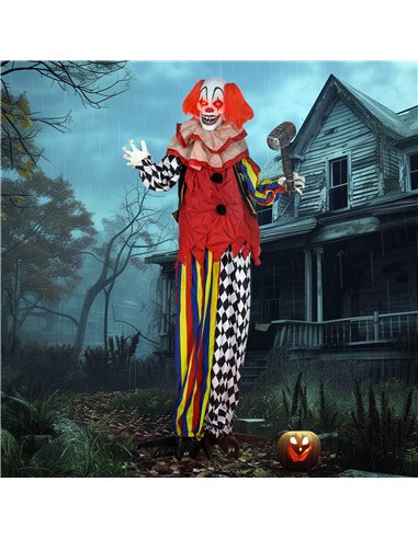 Outsunny 173 cm Life Size Halloween Animated Standing Clown & Hammer with Red Light Up Eyes, Sound Activated Moving Arms & Head,