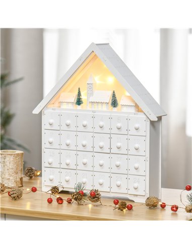 HOMCOM 24-Drawer Christmas Advent Calendar, Wooden Light-Up Traditional Decoration, Adults Kids Countdown Holiday House w/ Light