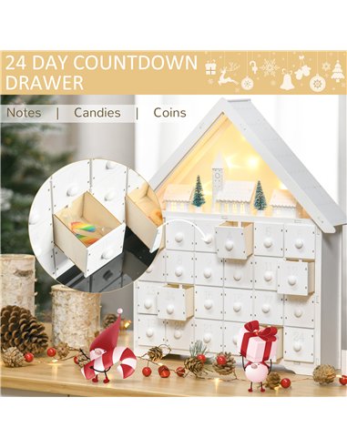 HOMCOM 24-Drawer Christmas Advent Calendar, Wooden Light-Up Traditional Decoration, Adults Kids Countdown Holiday House w/ Light