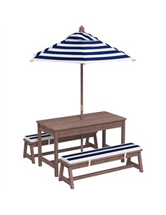 AIYAPLAY Outdoor Wooden Kids Picnic Table & Bench Set with Cushions and Umbrella, for Patio, Garden, Navy Blue
