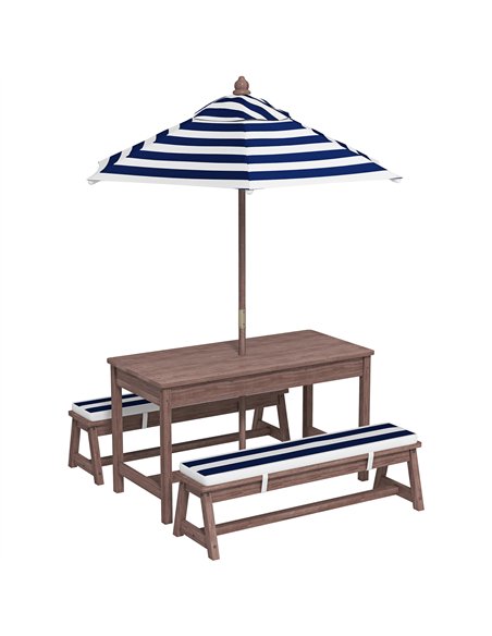 AIYAPLAY Outdoor Wooden Kids Picnic Table & Bench Set with Cushions and Umbrella, for Patio, Garden, Navy Blue - pic 202121 | FastDaddyshop