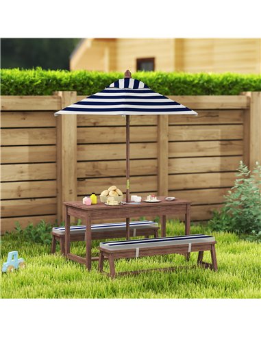AIYAPLAY Outdoor Wooden Kids Picnic Table & Bench Set with Cushions and Umbrella, for Patio, Garden, Navy Blue