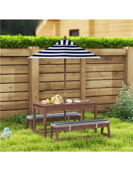 AIYAPLAY Outdoor Wooden Kids Picnic Table & Bench Set with Cushions and Umbrella, for Patio, Garden, Navy Blue - pic 202122 | FastDaddyshop