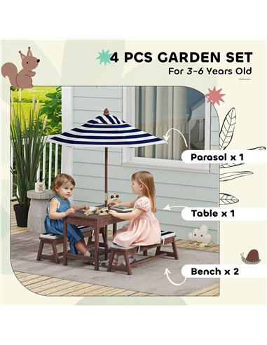 AIYAPLAY Outdoor Wooden Kids Picnic Table & Bench Set with Cushions and Umbrella, for Patio, Garden, Navy Blue
