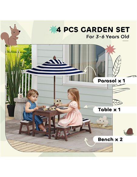 AIYAPLAY Outdoor Wooden Kids Picnic Table & Bench Set with Cushions and Umbrella, for Patio, Garden, Navy Blue - pic 202124 | FastDaddyshop