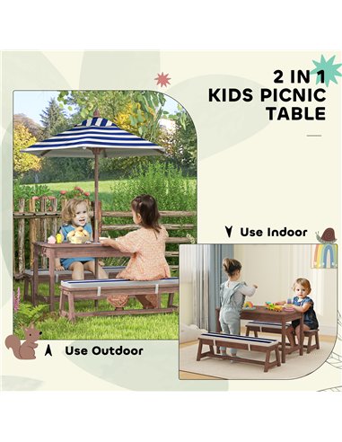 AIYAPLAY Outdoor Wooden Kids Picnic Table & Bench Set with Cushions and Umbrella, for Patio, Garden, Navy Blue