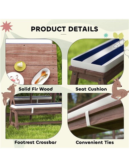 AIYAPLAY Outdoor Wooden Kids Picnic Table & Bench Set with Cushions and Umbrella, for Patio, Garden, Navy Blue - pic 202127 | FastDaddyshop