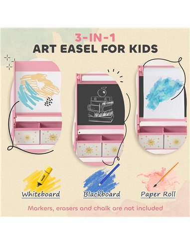 AIYAPLAY Art Easel for Kids, Double-Sided Whiteboard/Blackboard with Paper Roll, Two Storage Boxes, for Ages 3-8 Years, Pink